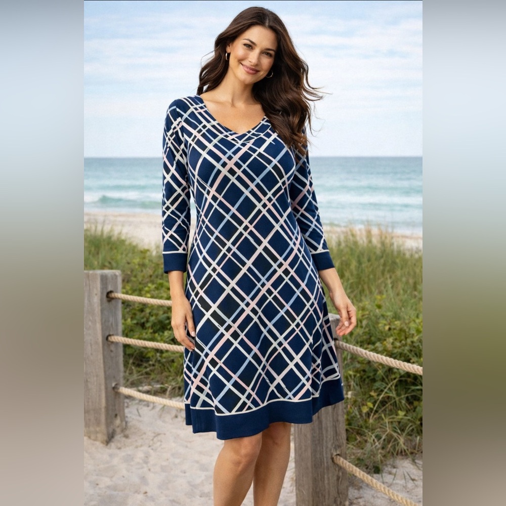 Vineyard Vines Dress L Large Blue White Green Stretch 3/4 Long Sleeve Washable